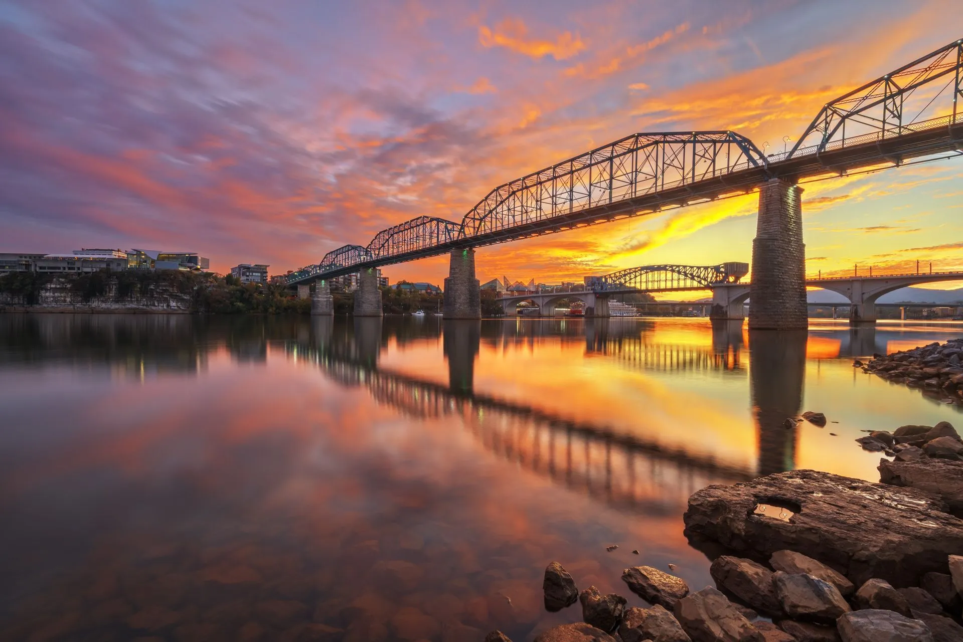 The Walnut Street Bridge over the Tennessee River in Chattanooga at sunset